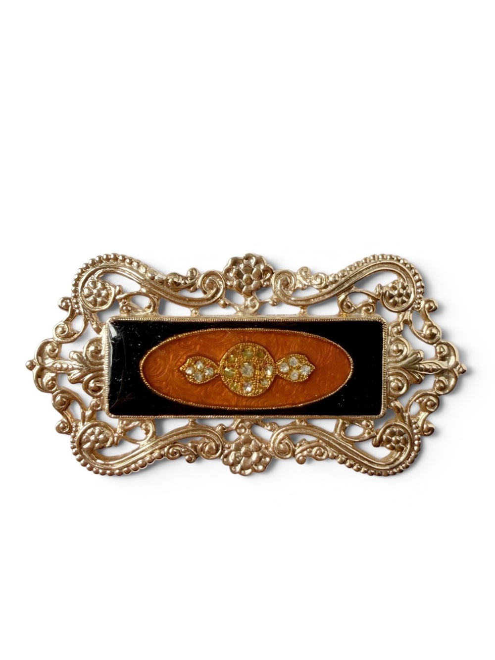 Vintage 1928 Victorian Revival Enamel Rhinestone Ornate Rectangular Brooch Pin